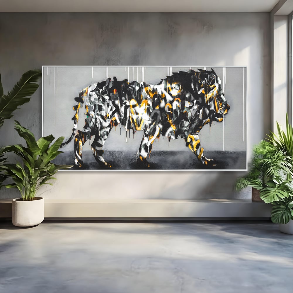 Tablou canvas cu tablou canvas cu leu in stil graffiti, in rama de aluminiu argintiu